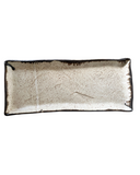 A rectangular stoneware serving platter with a bronze accent at the lip and a subtle woven texture, primarily in a brown color.