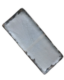 A rectangular stoneware serving platter with a bronze accent at the lip and a subtle woven texture, primarily in a brown color.