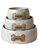 Set of 3 dog dishes with the dogs names stacked.