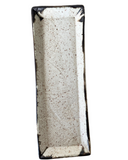 A medium rectangular, brown stoneware serving tray with a satin matte finish and bronze accent at the lip.
