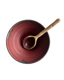 A red bowl with spoon on a white background.