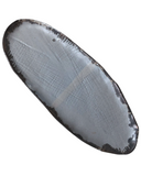 A large oval stoneware serving platter with a bronze accent at the lip and a subtle woven texture, primarily in gray and white tones.