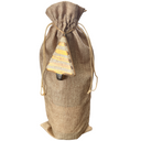 Brown drawstring bag with a decorative tag on a white background