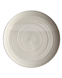 A set of three ceramic plates in a spiraling off white color, with the top plate slightly smaller than the ones below it, all placed concentrically.