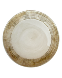 Round ceramic plate with gold grid pattern on a white background