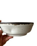 Hand holding a ceramic bowl with a black rim against a white background