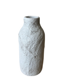 A set of three gray porcelain vases with a textured surface, in varying shapes and sizes, with the largest on the left and two smaller ones on the right.