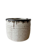 A beige and bronze ceramic utensil crock or vase on a white background. 