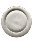 A set of three ceramic plates in a spiraling off white color, with the top plate slightly smaller than the ones below it, all placed concentrically.