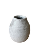 A set of three gray porcelain vases with a textured surface, in varying shapes and sizes, with the largest on the left and two smaller ones on the right.