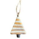 Decorative hanging cone ornament with striped pattern on a white background