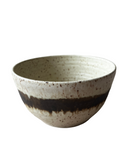 Ceramic bowl with speckled texture and brown accent on a white background