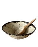 Speckled ceramic bowl with a wooden spoon on a white background