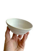 Hand holding a small white ceramic bowl against a white background