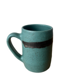 Teal ceramic mug with a dark brown band on a white background
