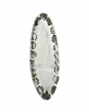 An oval-shaped ceramic tray with a floral cut pattern and a bronze glaze on a white background.