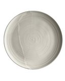 A set of three ceramic plates in a spiraling off white color, with the top plate slightly smaller than the ones below it, all placed concentrically.
