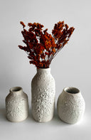 Three textured ceramic vases with dried flowers on a light gray background